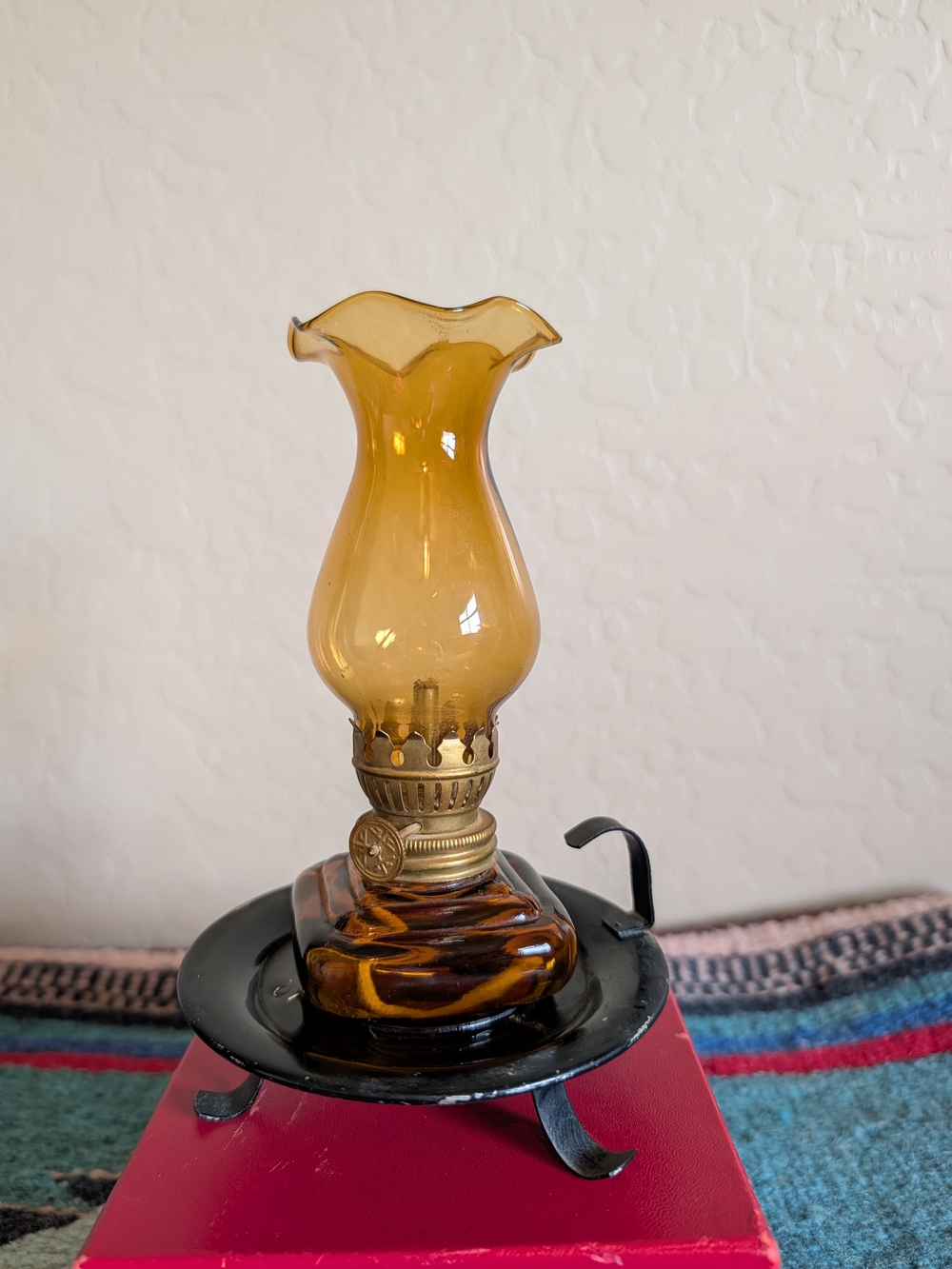 Amber Glass Oil Lamp Accent with Brass Trim